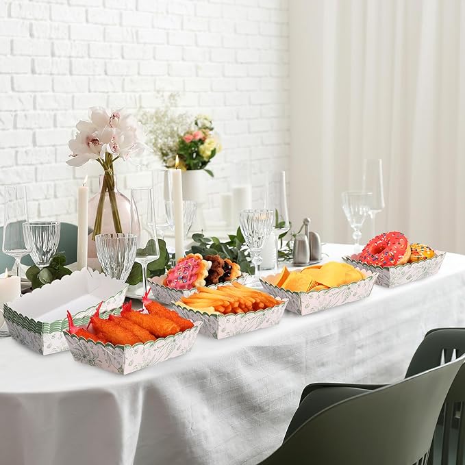48 Pcs Sage Green Floral Paper Food Trays Vintage Flower Nacho Boat Trays Disposable Snack Holder for Spring Birthday Party Baby Shower Bridal Wedding Supplies