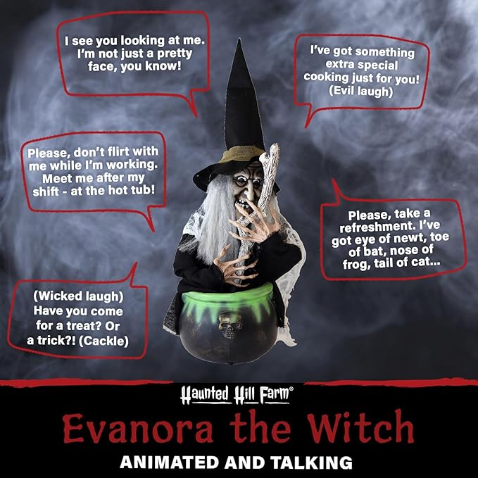 Haunted Hill Farm Scary Talking Witch with Cauldron Halloween Animatronic, Indoor or Covered Outdoor Halloween Decorations with Light up Eyes and Sound, Battery Operated Halloween Props for Home