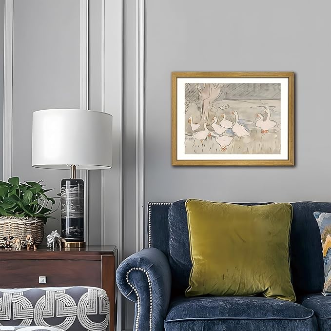 Vintage Framed Goose Wall Art Watercolor Print, Rustic Farm Duck Decor Canvas Painting, Minimalist Pastoral Poster Picture, Country Cottage Wall Decor for Living Room Kitchen Bathroom Bedroom 12x16 in