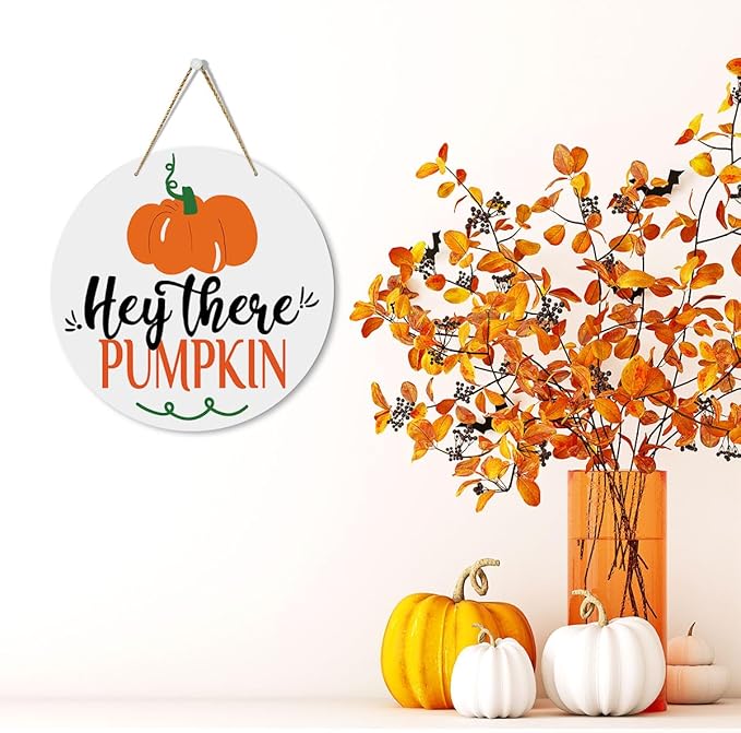 MIGUMUTU Cute Farmhouse Fall Signs Door Wall Hanging Decor, Fall Room Home Decor, Hey There Pumpkin Sign, Fall Sign Autumn Pumpkin Wall Decor Decoration for Home Office 12 X 12 Inch