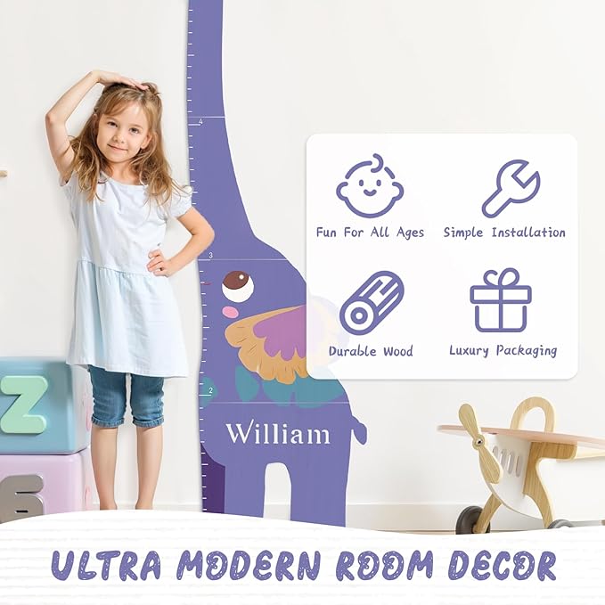 Personalized Name Growth Chart for Kids, Elephant Patchwork Wooden Height Chart for Wall Decor, Custom Height Ruler, Baby Boy Girl Measurement Ruler for Bedroom Playroom, Easy to Mark