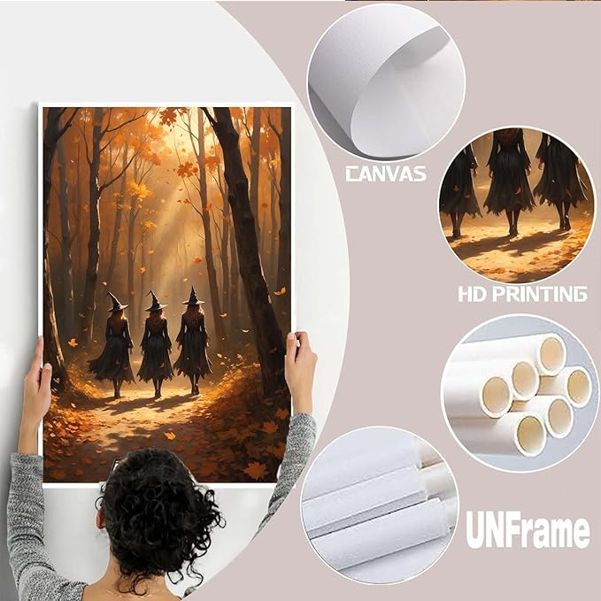 JFHCQJPK Three witches walking in the forest in autumn canvas painting gothic poster halloween print country witch wall art for home decoration8x12in Frameless
