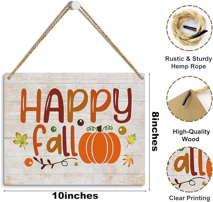 MIGUMUTU Rustic Farmhouse Fall Signs Door Wall Hanging Decor, Fall Room Home Decor, Pumpkin Decor Fall Decoration for Home, Happy Fall Sign Wall Decor for Home Office 12 X 12 Inch