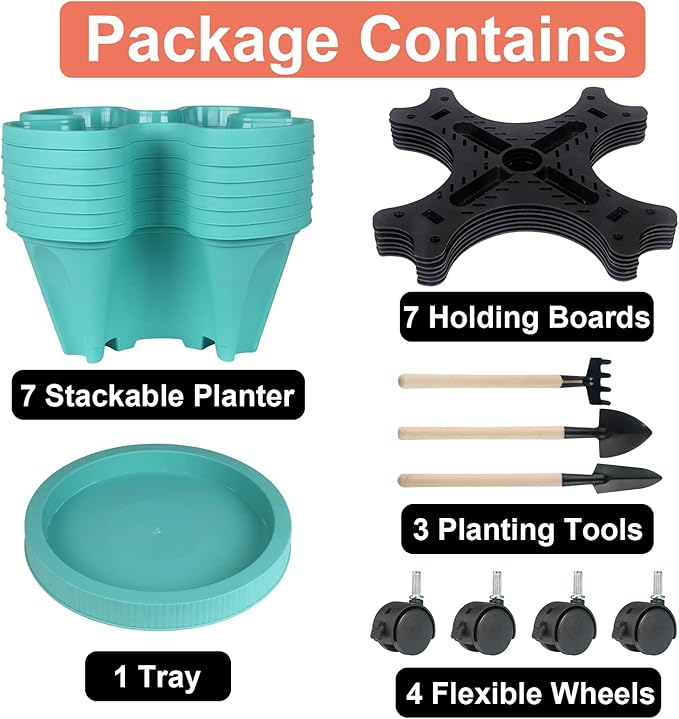 Vertical Planter 7 Tier Stackable Planters Garden Planters Strawberry Herb Flower and Vegetable Planter Indoor Outdoor Gardening Pots with Removable Wheels and Tools