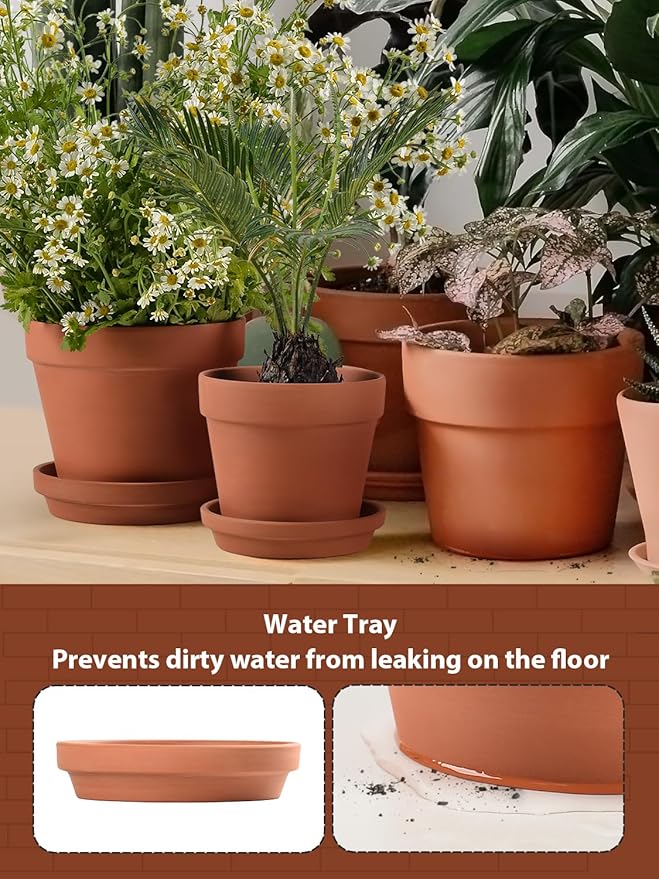 INGOFIN Terracotta Pots Set with Saucer - 5/6/7 inch Ceramic Clay Planters with Drainage Hole, Garden Flower Succulent Pots with Tray for Indoor Outdoor Plants, Set of 3