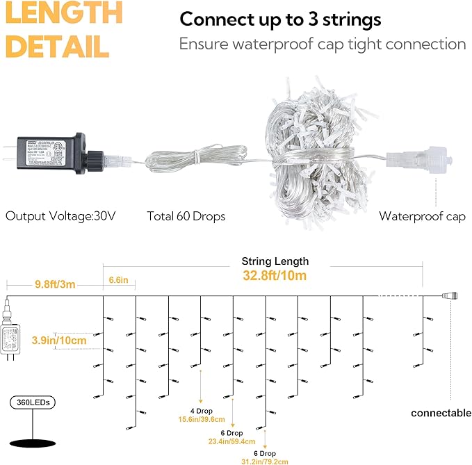 Hopolon 33FT 360L LED Christmas Icicle Lights Outdoor Waterproof,8 Modes Plug in Curtain String LIghts With 60 Drops,Christmas Lights for Wedding,Party,Bedroom,Home,Garden,Wall Decorations(Warm White)