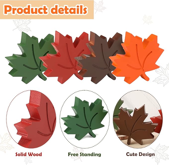 4pcs Fall Leaves Decorations Farmhouse Thanksgiving Table Decor Centerpiece Wooden Maple Leaf Signs Block for Autumn Harvest Tiered Tray Party Shelf Display