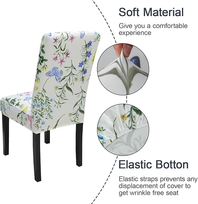 JQinHome Pattern Chair Covers for Dining Room Set of 4, High Stretch Removable Washable Parsons Chair Slipcover for Home Party Hotel Wedding Ceremony (Flowering Butterflies,4PCS)