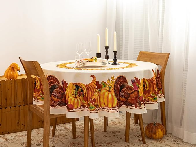 YiHomer Fall Thanksgiving Tabletop Collection for Kitchen Dining Decoration Parties Harvest, Harvest Party, Tablecloth, 70" Round
