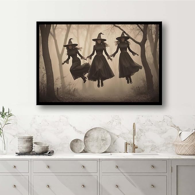 JFHCQJPK Three ghost witches flying in vintage forest gothic wall art witchcraft decoration holiday gift canvas wall art print16x24in Metal blackFramed