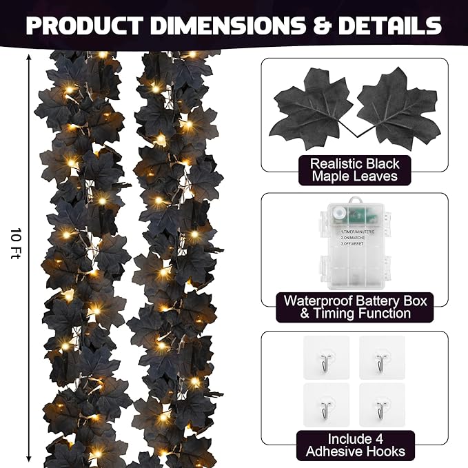 Ouddy Decor 2 Pack Lighted Black Garland Decorations, Total 20 Ft 60 Led Fall Lights Maple Leaves Battery Operated for Indoor Outdoor Thanksgiving Front Door Decor, Warm White