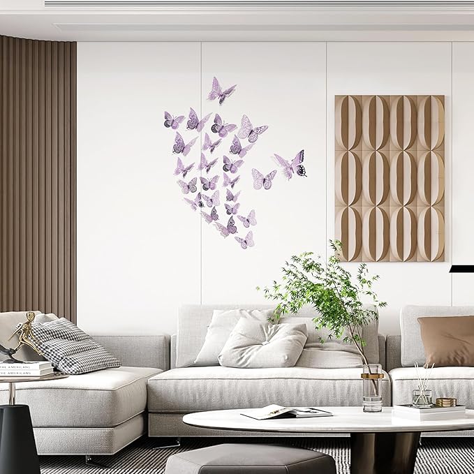 SAOROPEB 3D Butterfly Wall Decor - 48 Pcs, 4 Styles, 3 Sizes, Removable Stickers for Birthday & Party Decorations (Lavender)