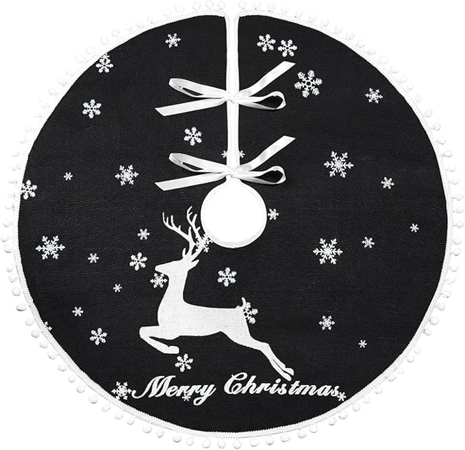 48 Inch Christmas Tree Skirt, Burlap Black Christmas Rustic Tree Skirt with Elk Deer and White Snowflake Printed for Holiday Party Xmas Tree Decoration