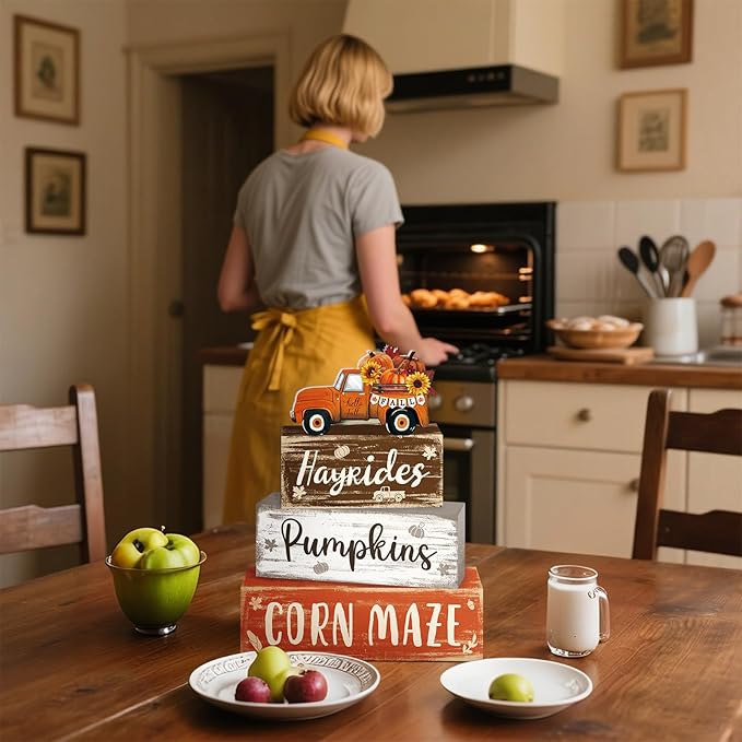 4 Pcs Fall Decor for Home Truck Pumpkin Wooden Signs with Sayings Autumn Thanksgiving Tiered Tray Decor Fall Hay Ride Tabletop Centerpiece Corn Maze Block Signs for Office Kitchen Shelf