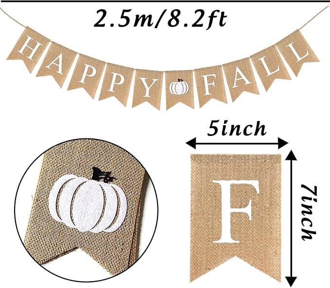 Happy Fall Burlap Banner White Jute Burlap Pumpkin Garland Harvest Mantel Fireplace Wall Hanging for Home Office School Party Decor Thanksgiving Decoration