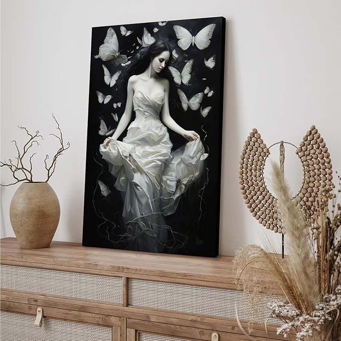 Vintage Gothic Feminine Canvas Wall Art Print Butterfly Poster Moody Preppy Wall Art Dark College Decor for Home Bedroom12x16in Wood Framed