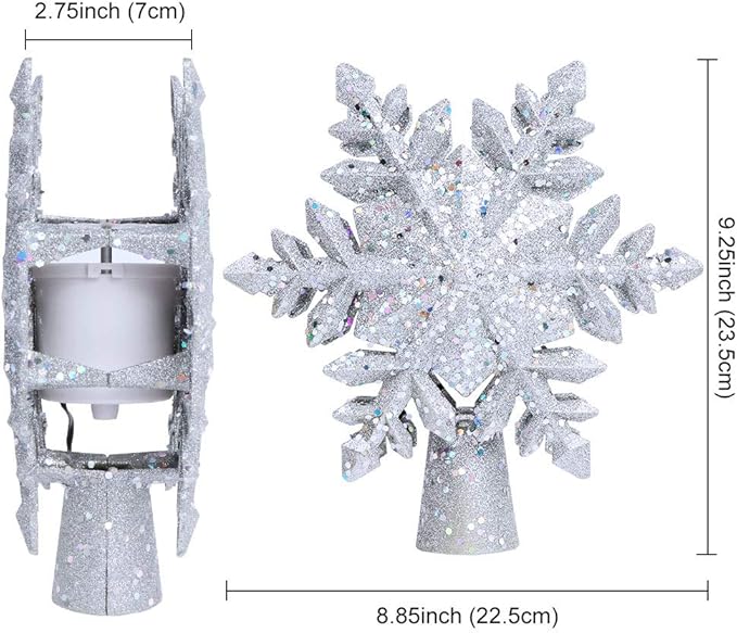 OurWarm Christmas Tree Topper Lighted with LED Rotating Silver Snowflake Decorations Projector Silver Snow Tree Topper Night Light Projector for Indoor Outdoor Christmas Tree Decorations