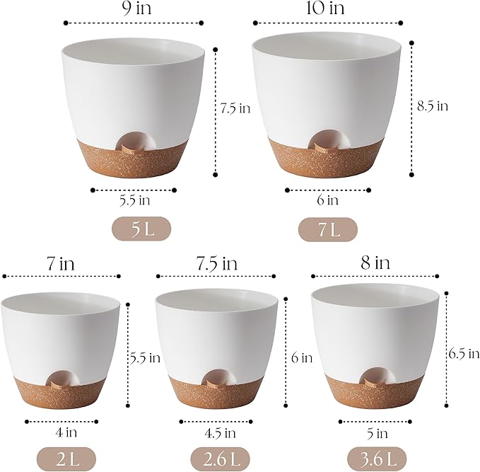 Giraffe Creation Plant Pots Set of 5 (10/9/8/7.5/7 inch), Self-Watering Indoor & Outdoor Flower Planters with Drainage Hole and Reservoir, White