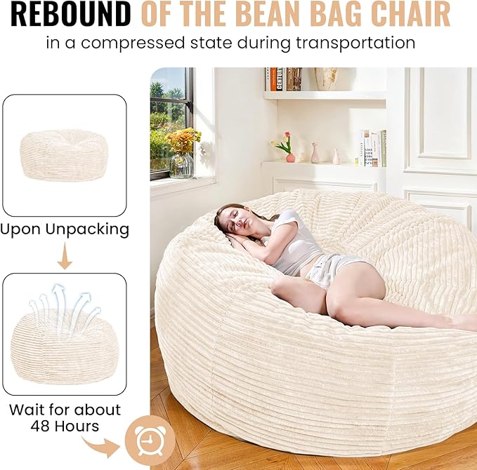 Large Bean Bag Chair, 6FT Giant Beanbag Chairs with Memory Foam Filled, Bean Bag Chairs for Adults, Ultra Soft Lazy Sofa for Living Room Bedroom (White)