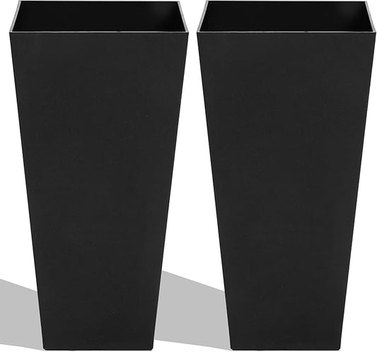 Worth Garden 2-Pack Black Matte Texture Square Tapered Planter - 25.5" H. Tall Plastic Plant Pots with Drain Hole for Indoor Outdoor - Modern Decorative Flower Pots for Front Porch, Patio, Deck