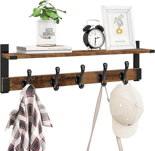 Homode Coat Rack Wall Mount, 29 Inch Long Shelf with Hooks, Wood Entryway Shelf with 5 Hangers for Hanging Hat Jacket Backpack Purse, Rustic Brown Black