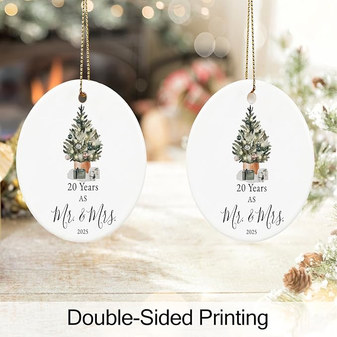 20th Anniversary Ornament Gifts for Couple, 20th Wedding Anniversary for 20 Year as Mr and Mrs Gifts, Ceramic Keepsake 20 Year Anniversary Christmas Ornaments with Ribbon and Box