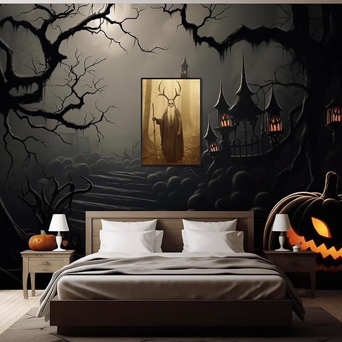 Skeleton Halloween Decor Occult Druid of the Forest Poster Canvas Wall Art Vintage Spooky Print Gothic Room Decor Dark Academia Decorations Bedroom Creepy Skull Picture 16X24inch Aluminum Framed