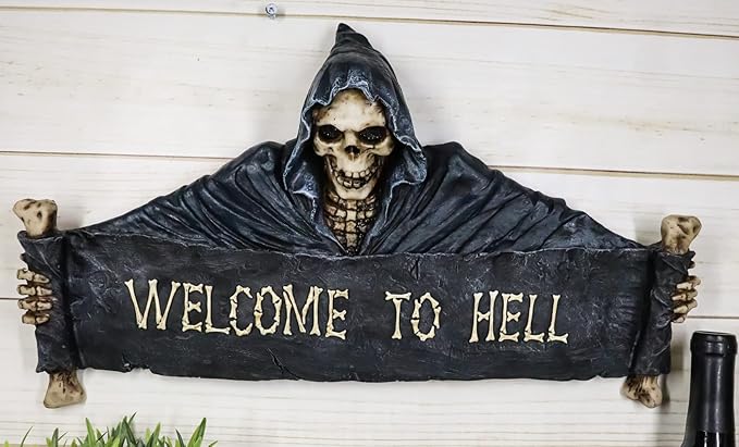 Ebros Large Grim Reaper Skeleton Opening Scroll Sign Of Bones Saying "Welcome To Hell" Wall Decor 17.5"Long Halloween Night Reaper Harvester of Souls 3D Hanging Art Plaque Sculpture