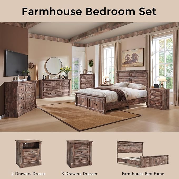 26" Tall Farmhouse Nightstand, 3 Drawers End Table w/Charging Station, 23.6" Wide Large Side Table w/Roman Column, Wood Rustic Sofa Table for Bedroom, Light Brown