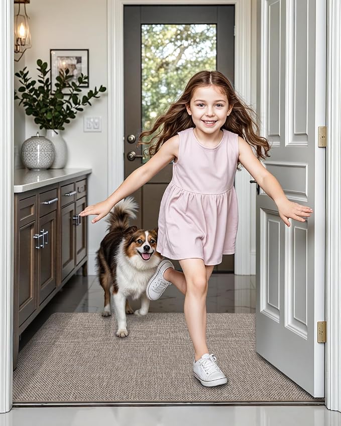 LUMI Ultra Thin Door Mat for Entryway, Low Profile Non Slip Rubber Backing Indoor Doormat, Easy Clean Welcome Entrance Mat for Inside House, Patio, Khaki 20"x32"