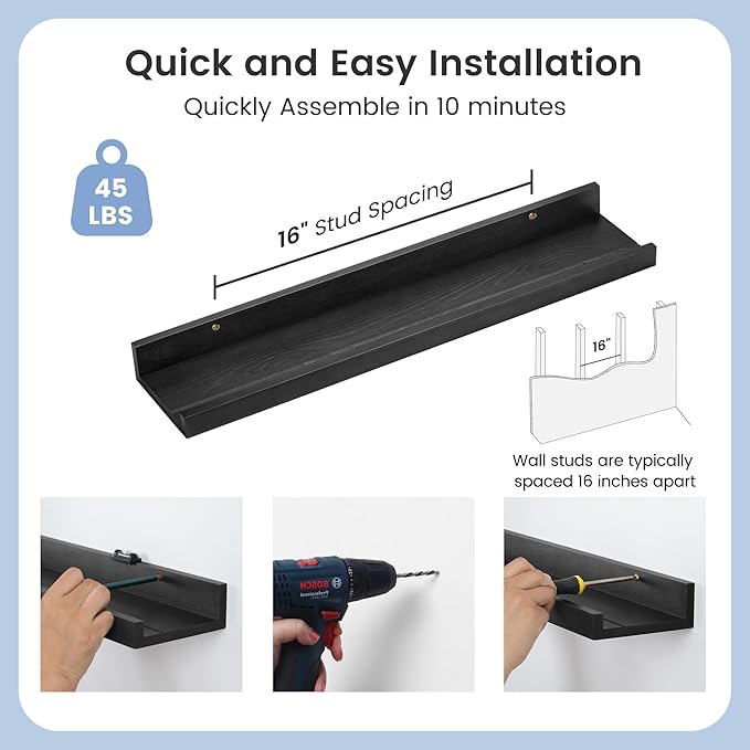 Picture Ledge Wall Shelves 24 inches Width Set of 3, Solid Pine Wood Rustic Floating Ledge Shelves for Kids' Room Bedroom Kitchen Bathroom Living Room Nursery Display Wall Decor, Black