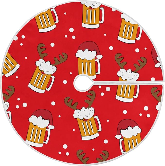 Christmas Funny Beer Tree Skirt, Seasonal Tree Mat Holiday Party Supplies Ornaments Indoor Outdoor Decorations for Tabletop Trees 35.4 Inches