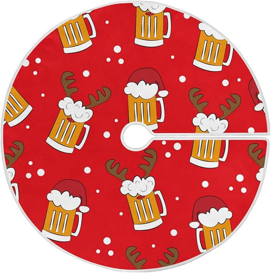 Christmas Funny Beer Tree Skirt, Seasonal Tree Mat Holiday Party Supplies Ornaments Indoor Outdoor Decorations for Tabletop Trees 35.4 Inches