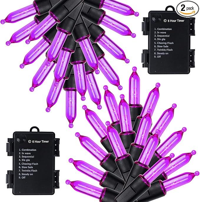 WATERGLIDE 2 Pack 50 LED Outdoor Halloween Lights, 16 FT Mini String Light with 8 Modes, Waterproof Battery Operated Tree Lights for Indoor Outdoor Patio Garden Party Wedding Decoration, Purple