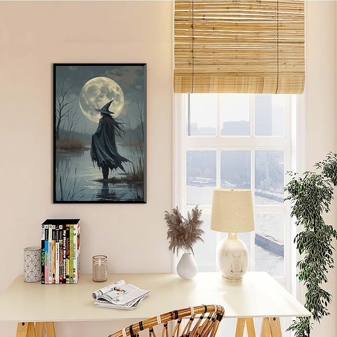 JFHCQJPK Witch in the moonlight magic canvas wall art enchanting Halloween home decor swamp witch silhouette oil painting mysterious gothic aesthetic wall decor print poster12x16in Metal blackFramed