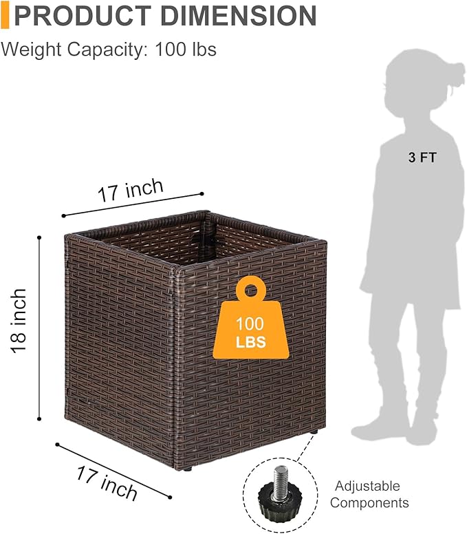 SUNNYPARK Set of 2 Large Square Planter with Removable Liner, All-Weather PE Rattan Modern Planters Indoor Outdoor Flower Plant Pots Garden Box Patio Yard Front Porch Deck