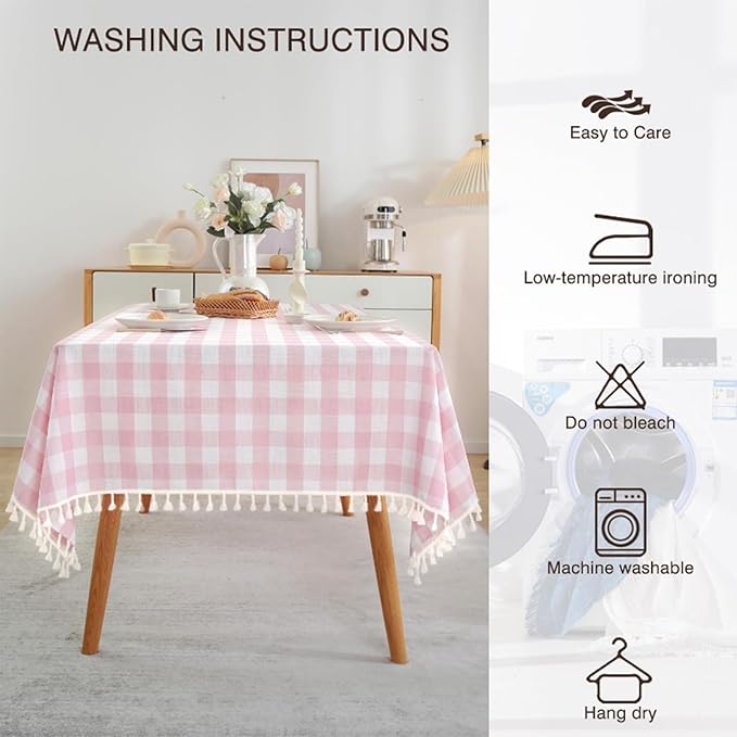 JIALE Gingham Tablecloth Rectangle Cotton Linen Fabric Checkered Table Cloth with Tassel Washable Wrinkle Free Buffalo Plaid Table Cover for Outdoor Party Picnic Kitchen Dining, Pink, 55x106