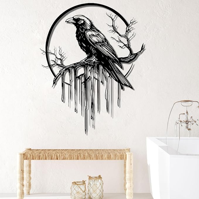 Crow Metal Wall Decor, Raven Wall Art, Large Gothic Raven Decor Hangings, Bird Wall Decor, Metal Tree Branch Decor, Ravens Sign, Raven Art for Living Room (Gold, 28"x22" |70x56cm, metal wall art)