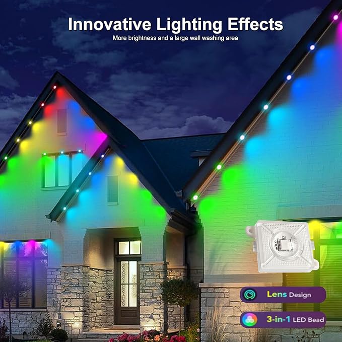 Permanent Outdoor Lights,Intelligent RGB+IC Outdoor Lights with a Wide Range of Scene Modes, IP67 Waterproof, Patio, Eave, Outdoor Decorations,with App/Remote Control (50FT)