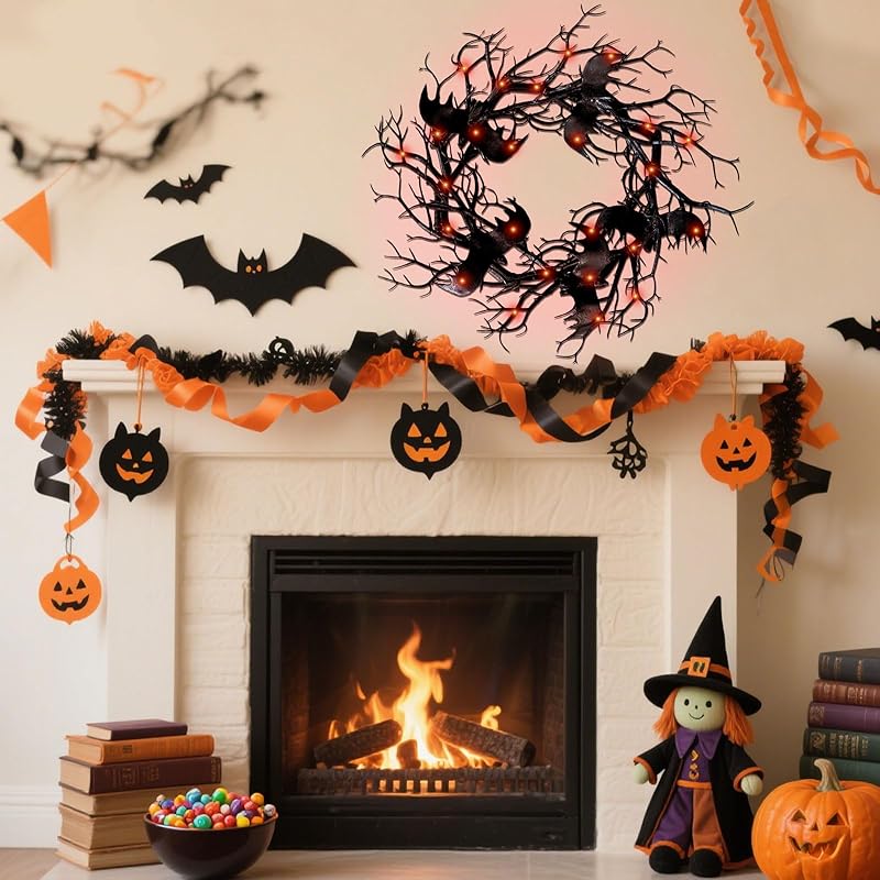 Halloween Black Branch Wreath - 18 Inch Black Twig Halloween Bat Wreaths with Red Lights for Front Door Indoor Outdoor Party Window Wall Decor Farmhouse Garland Yard