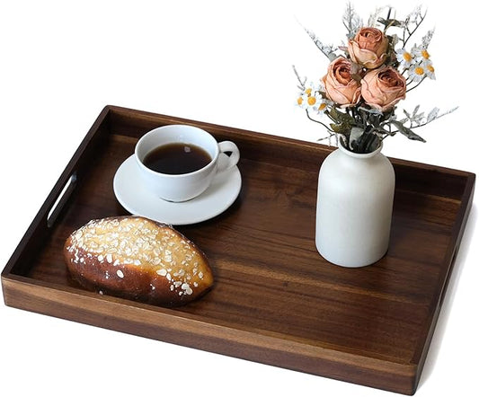 Acacia Wood Serving Tray with Handles, 17 Inch Wooden Tray for Ottoman, Breakfast, Lunch, Dinner, Decorative Rectangular Tray for Living Room, Kitchen Counter, Outdoor