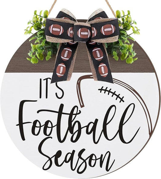 Hello Fall Football Sign for Front Door Thanksgiving Wooden Hanging Sign Fall Welcome Wreaths with Bow Turkey Farmhouse Wall Decoration for Home Autumn Harvest Front Porch Decor(Season)