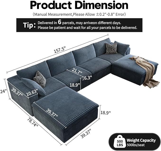 157.5" Cloud Couch Oversized Modular Sectional Sofa for Living Room,Modern Sofa with Deep Seat，U-Shape Boneless Couch with 2 Ottoman,Comfy Upholstered Couches for Apartment, Studio, Office,Blue