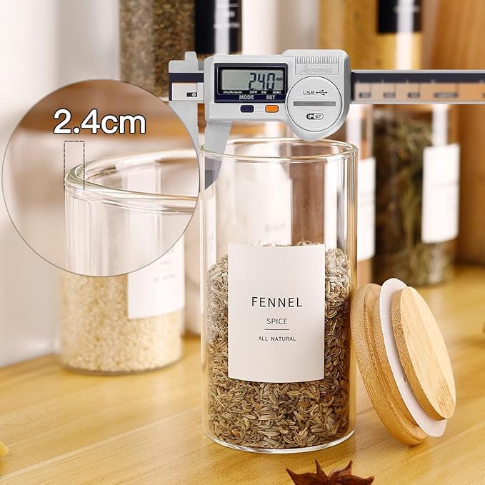 12 Pcs Glass Spice Jars With 296 Spice Labels Preprinted of White and Black Color- 10oz Thicken(2.4mm) Spice Containers With Bamboo Airtight Lids - Empty Small Herb Seasoning Jars