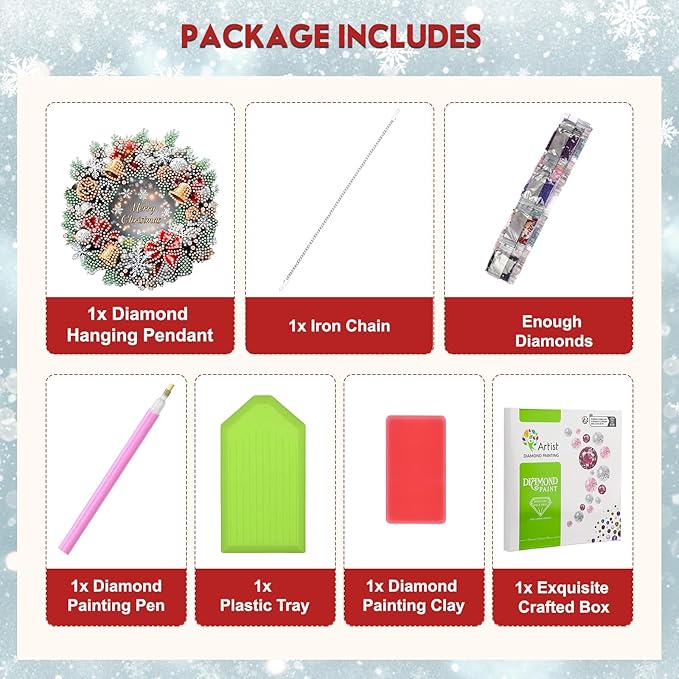 NEWENMO Diamond Art Hanging Kit for Adult, Merry Christmas Wreath, DIY Special Shaped Crystal Acrylic Diamond Art Painting Window Pendants, Diamond Painting Ornament for Home Garden Wall Decor