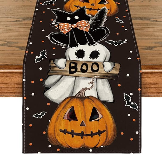 Artoid Mode Polka Dot Ghost Pumpkin Cat Boo Halloween Table Runner, Bat Seasonal Fall Kitchen Dining Table Decoration for Home Party Decor 13x72 Inch