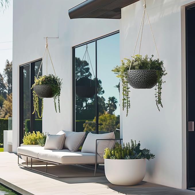 LA JOLIE MUSE Hanging Planters for Indoor Plants, Medium Hanging Planters with Drain Holes, Outdoor Hanging Flower Pots, Matte Black, Honeycomb (10 Inch, Set of 2)