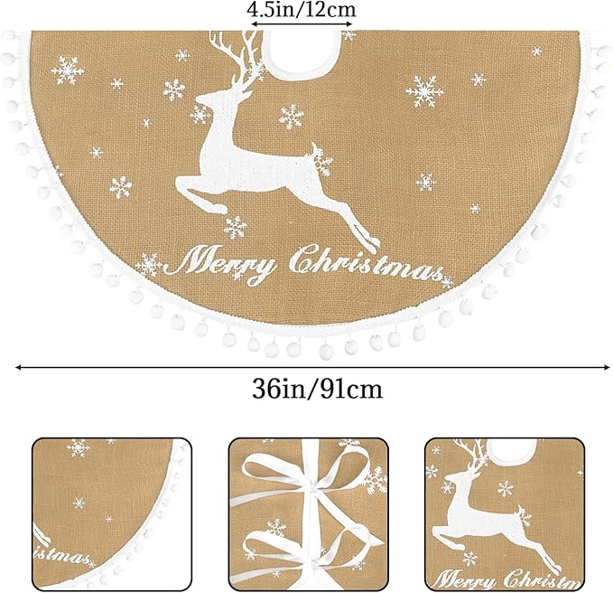 36 Inch Christmas Tree Skirt, Burlap Linen Color Christmas Rustic Tree Skirt with Elk Deer and White Snowflake Printed for Holiday Party Xmas Tree Decoration