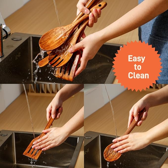 6 PCS Wooden Spoons for Cooking - Teak Wooden Cooking Utensils Set with Holder - Non-Stick, Soft Grip, Ergonomic Design - Natural Finish