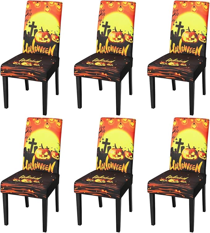 JQinHome Orange Halloween Chair Slipcover, Pumpkin Chair Covers Set of 6, High Stretch Washable Chair Protector Cover for Dining Room, Kitchen,Home Party,Wedding Ceremony(Orange,6PC)